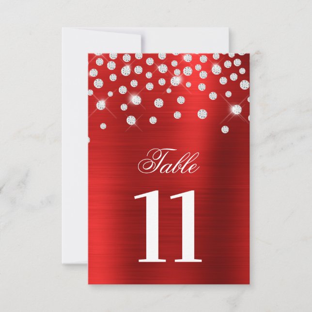 Sparkly Faux Silver Diamonds Red Table Number (Front)