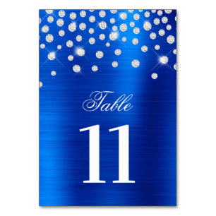 Sparkly Faux Silver Diamonds Royal Blue Satin Foil Table Number