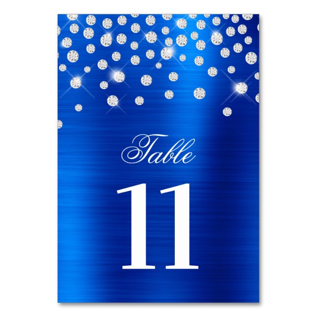 Sparkly Faux Silver Diamonds Royal Blue Satin Foil Table Number (Front)