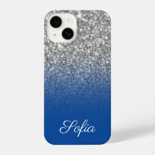 Sparkly Faux Silver Glitter and Deep Blue Ombre iPhone 14 Case