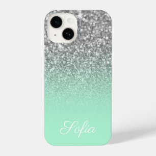 Sparkly Faux Silver Glitter and Mint Green Ombre iPhone 14 Case