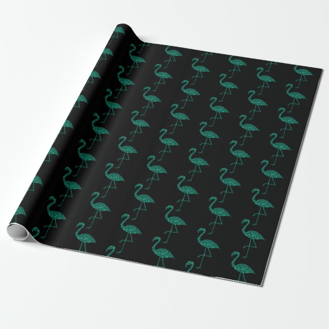 Sparkly flamingo Emerald glitter pattern black Wrapping Paper (Unrolled)