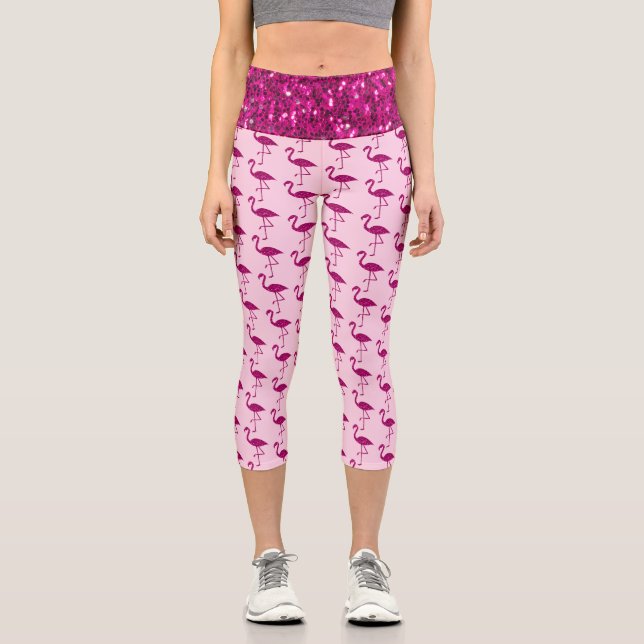 Sparkly flamingo hot pink faux sparkles Light pink Capri Leggings (Front)