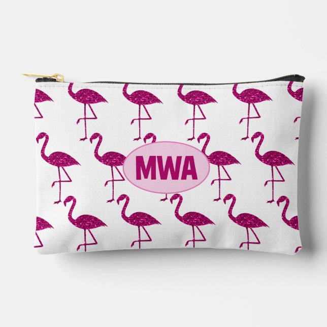 Sparkly flamingo hot pink faux sparkles Monogram Accessory Pouch (Front)