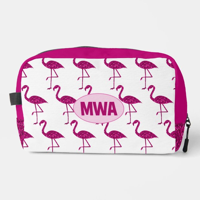 Sparkly flamingo hot pink faux sparkles Monogram Dopp Kit (Front)
