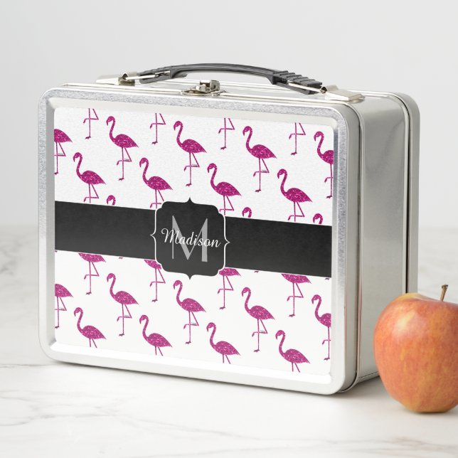 Sparkly flamingo Pink glitter sparkles Monogram Metal Lunch Box (In Situ)