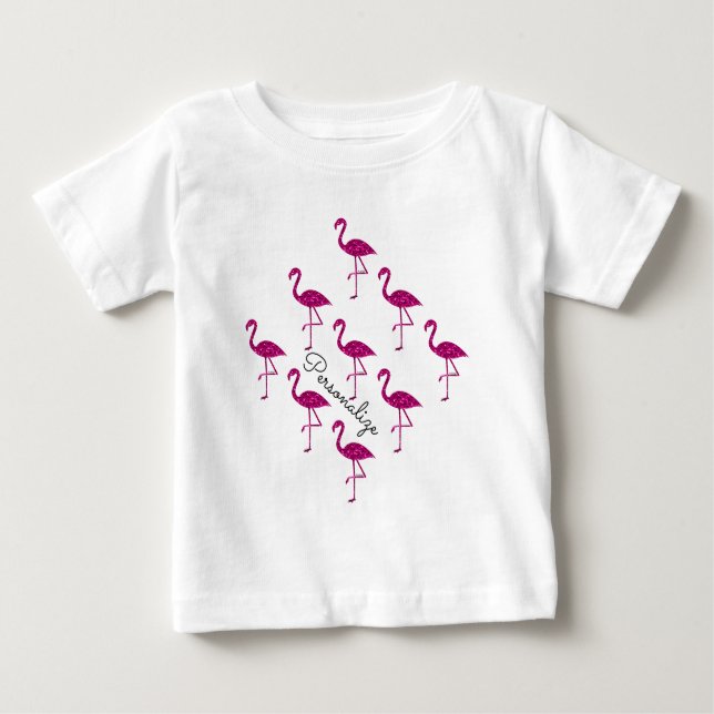 Sparkly flamingo Pink glitter sparkles Personalise Baby T-Shirt (Front)