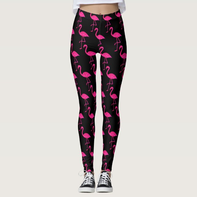 Sparkly flamingo Pink neon pattern black  Leggings (Front)