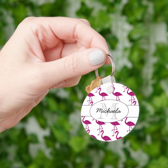 Sparkly flamingo Pink sparkles pattern Monogram Key Ring (Hand)