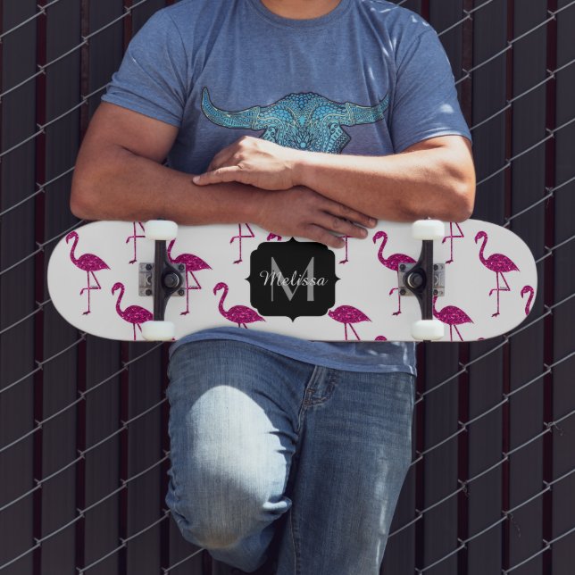 Sparkly flamingo Pink sparkles pattern Monogram Skateboard (Outdoor 3)