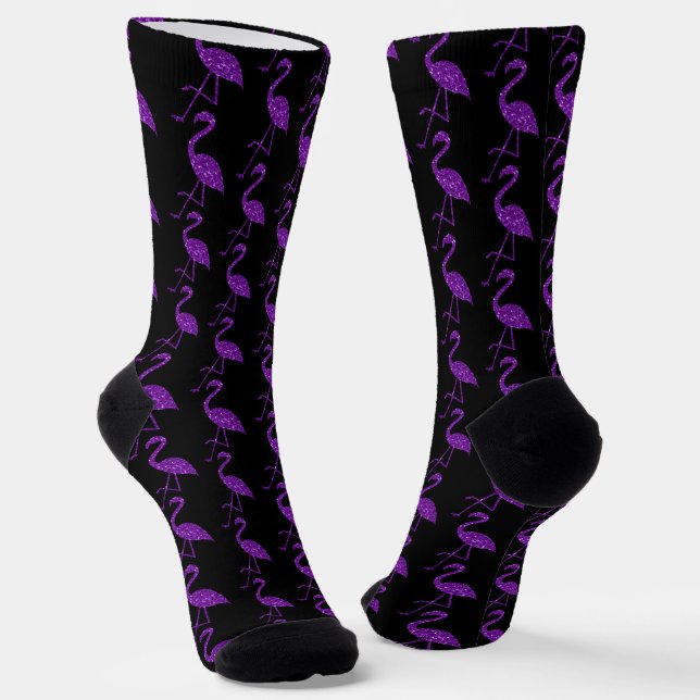 Sparkly flamingo Purple glitter pattern black Socks (Angled)