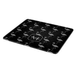 Sparkly flamingo Silver glitter pattern Monogram Cutting Board