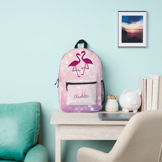 Sparkly flamingos Pink glitter sparkles Monogram Printed Backpack (Insitu)