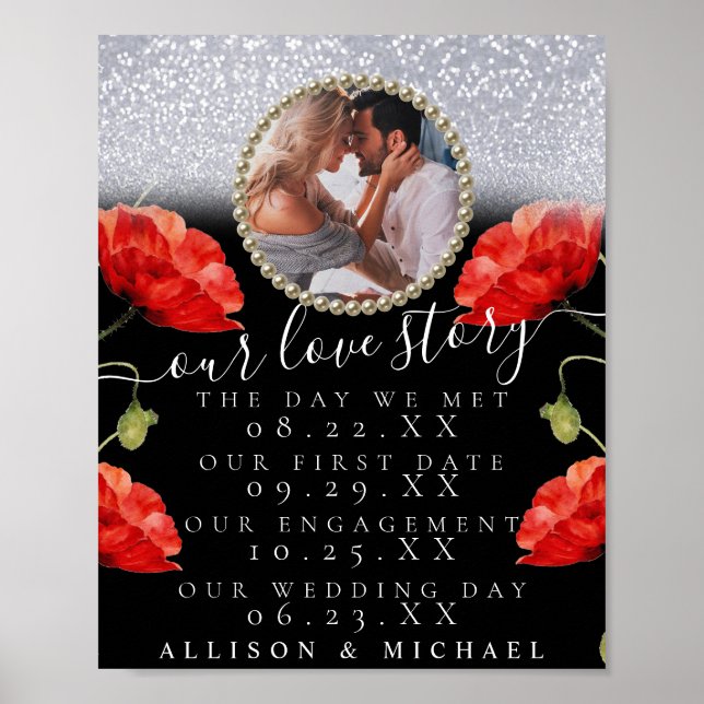 Sparkly Floral Photo Our Love Story Wedding Sign (Front)