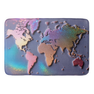 Sparkly Glitter 3D Colourful World Map Bath Mat