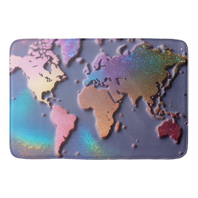 Sparkly Glitter 3D Colourful World Map  Bath Mat (Front)
