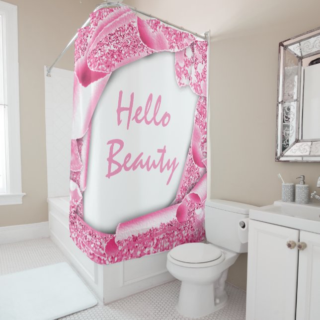 Sparkly Glitter 3D PINK Frame  HELLO Girly Shower Curtain (In Situ)