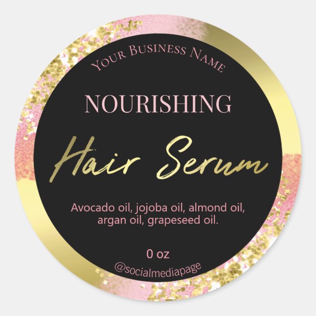 Sparkly Glitter Black And Pink Hair Serum Labels (Front)