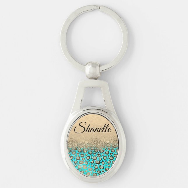 Sparkly Glitter Chic Turquoise Leopard Custom      Key Ring (Front)
