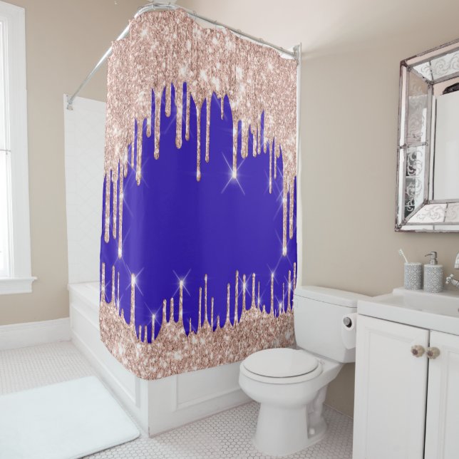 Sparkly  Glitter Drips Pink Rose Blush Royal Blue Shower Curtain (In Situ)