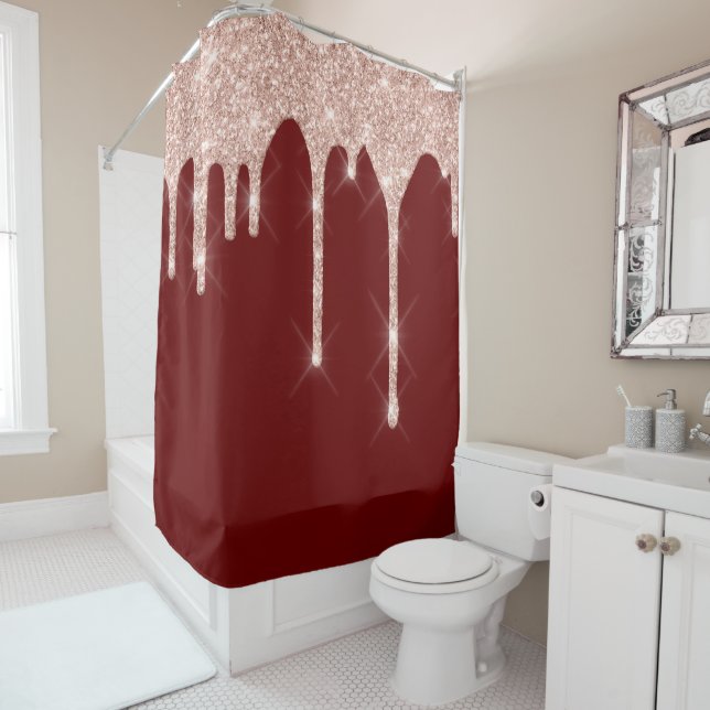 Sparkly Glitter Drips Pink Rose Burgundy Beauty Shower Curtain (In Situ)