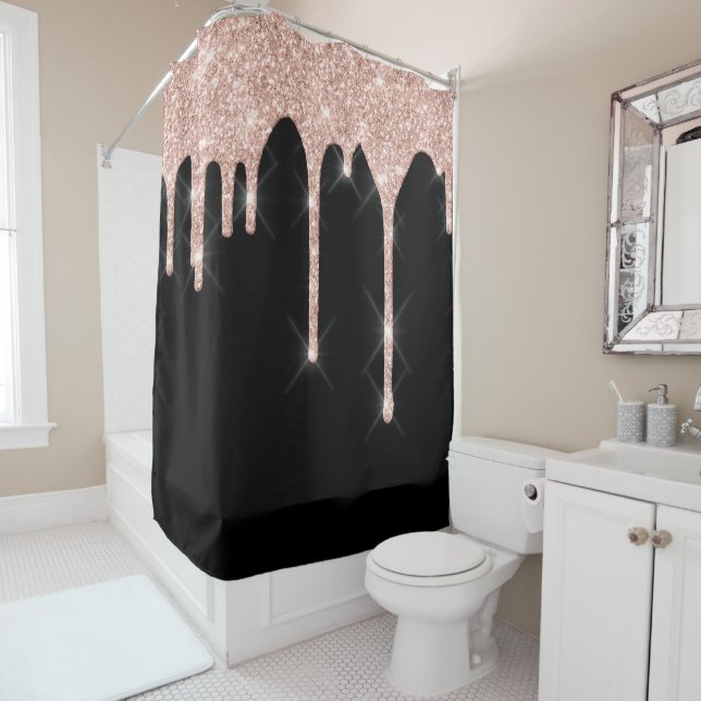 Sparkly Glitter Drips Pink Rose Gold Blush Black Shower Curtain (In Situ)