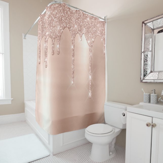 Sparkly Glitter Drips Pink Rose Gold Blush Lux Shower Curtain (In Situ)