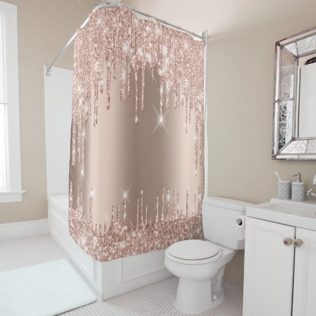 Sparkly Glitter Drips Pink Rose Gold Girly Trend Shower Curtain (In Situ)