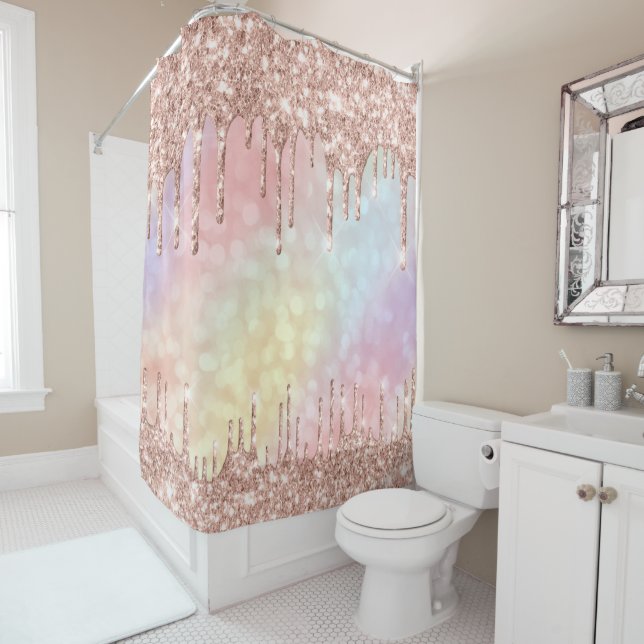 Sparkly Glitter Drips Pink Rose Gold Holographic Shower Curtain (In Situ)