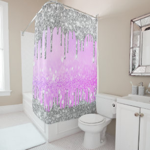 Sparkly Glitter Drips Pink Silver Gray Girly Bride Shower Curtain