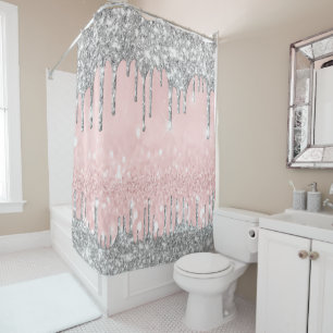 Sparkly Glitter Drips Pink Silver Grey Girly Shower Curtain