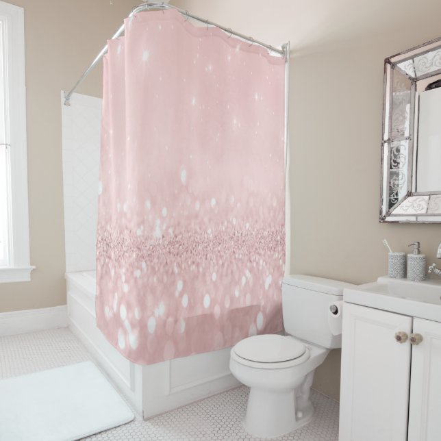 Sparkly Glitter Drips Pink Silver Simple Pastel Shower Curtain (In Situ)