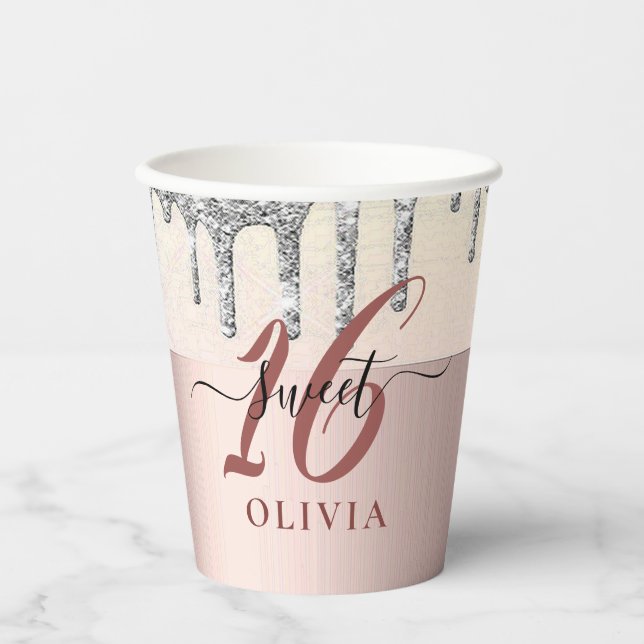 Sparkly Glitter Drips Sweet 16 Sixteen Paper Cup (Front)