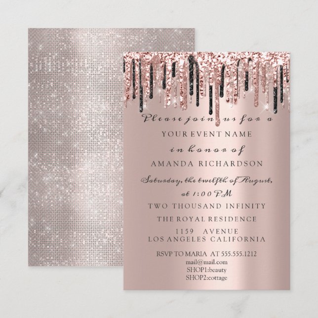Sparkly Glitter Rose Drips Classy Wedding Birthday Invitation (Front/Back)