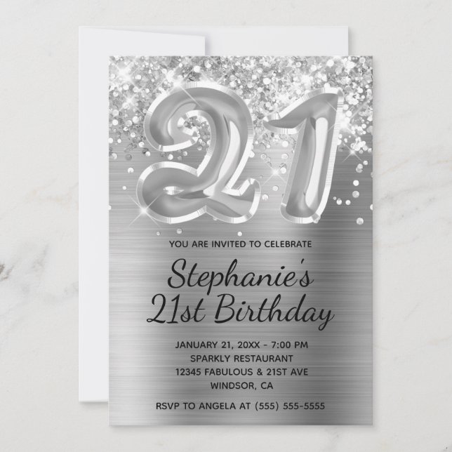 Sparkly Glitter Silver Balloon 21st Birthday Invitation (Front)