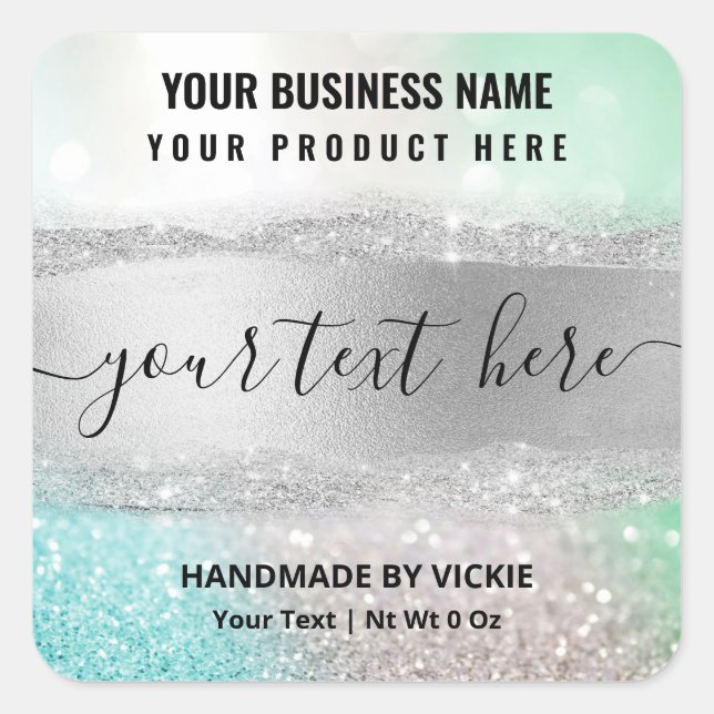 Sparkly Glitter Silver Blue Mint Product Labels (Front)