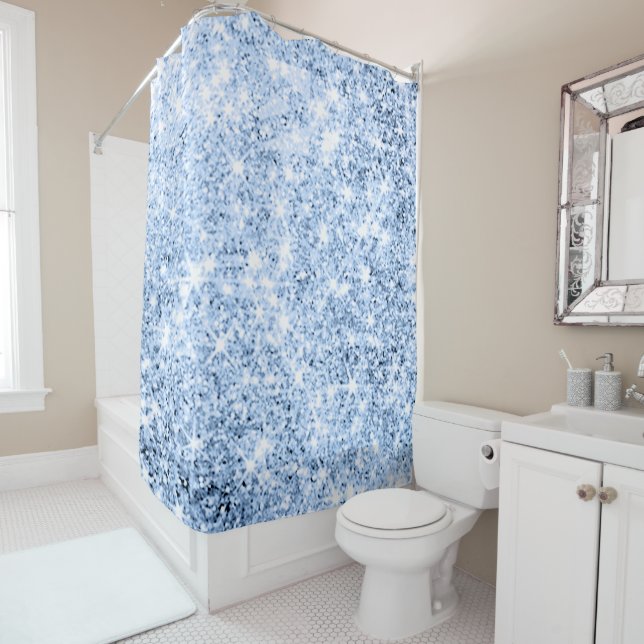 Sparkly Glitter Smoky Dusty Blue Abstract Modern Shower Curtain (In Situ)