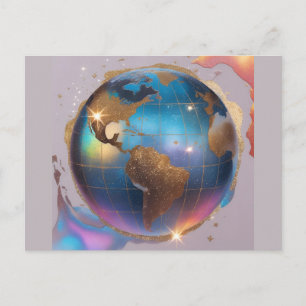 Sparkly Glitter World globe –Watercolor Travel Art Postcard