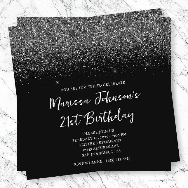 Sparkly Glittery Black 21st Birthday Invitation (Sparkly Glittery Black 21st Birthday Invitation)