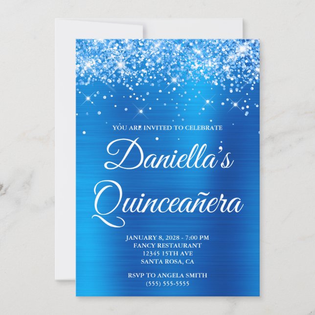 Sparkly Glittery Bright Blue Foil Quinceañera Invitation (Front)