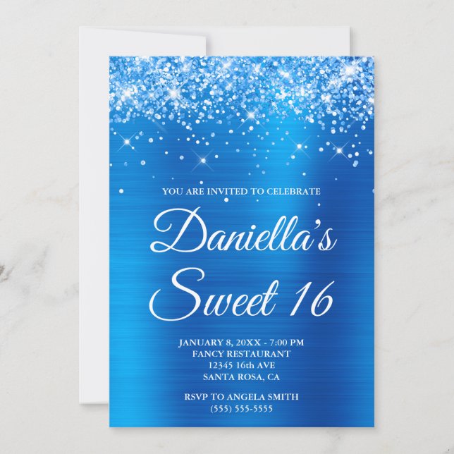 Sparkly Glittery Bright Blue Foil Sweet 16 Invitation (Front)