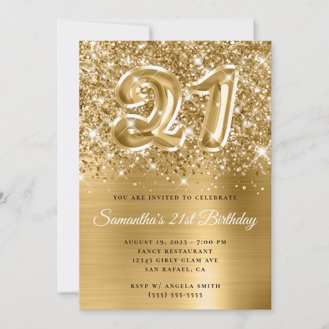 Sparkly Glittery Gold Balloon 21st Birthday Invitation (Front)