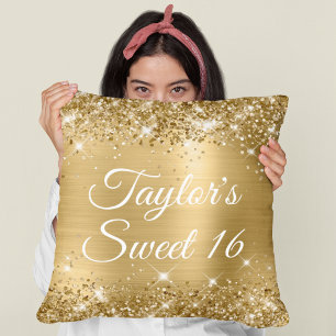 Sparkly Glittery Gold Foil Glam Sweet 16 Large Cushion
