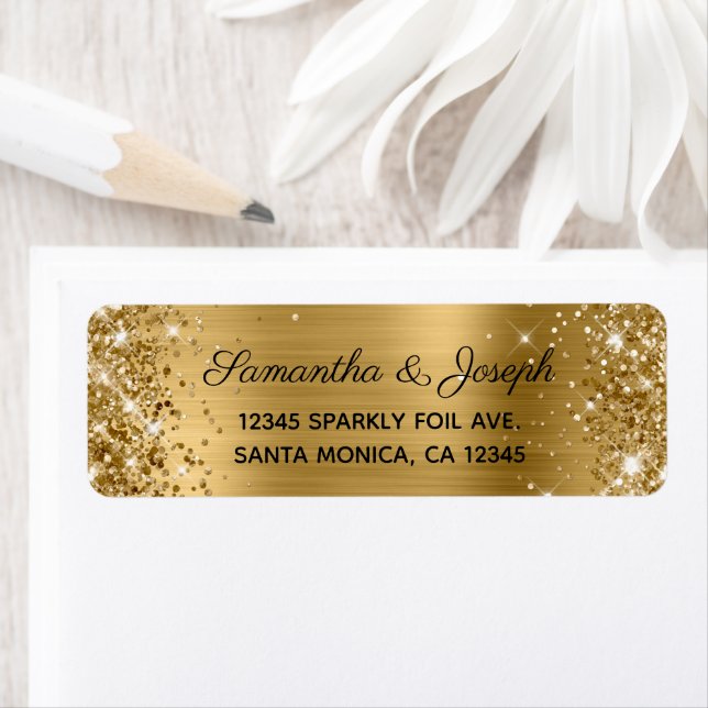 Sparkly Glittery Gold Foil Wedding Return Address Label (Insitu)