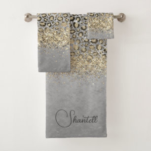 Sparkly Glittery Gold Leopard Personalised Bath Towel Set