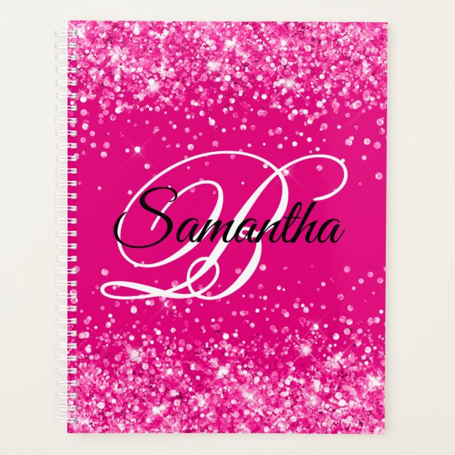 Sparkly Glittery Hot Pink Fancy Monogram Planner (Front)