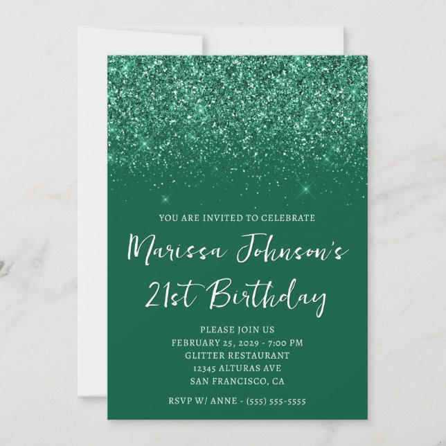 Sparkly Glittery Hunter Green 21st Birthday Invitation (Front)