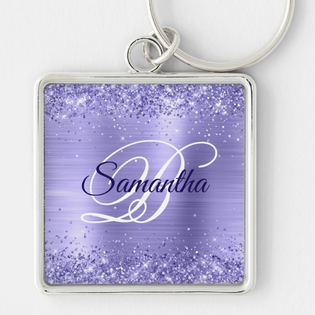 Sparkly Glittery  Periwinkle Foil Fancy Monogram Key Ring (Front)