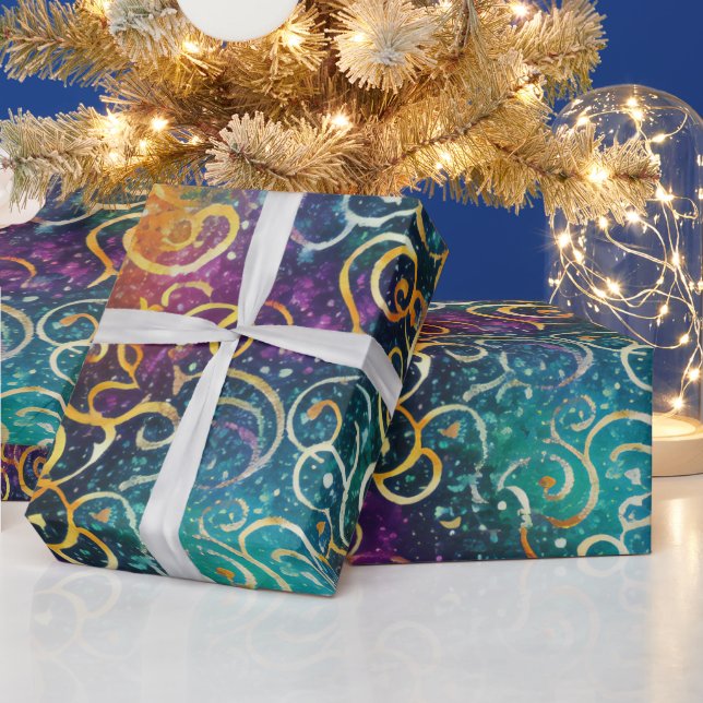 Sparkly Glittery Purple Blue and Gold Swirls  Wrapping Paper (Holidays)