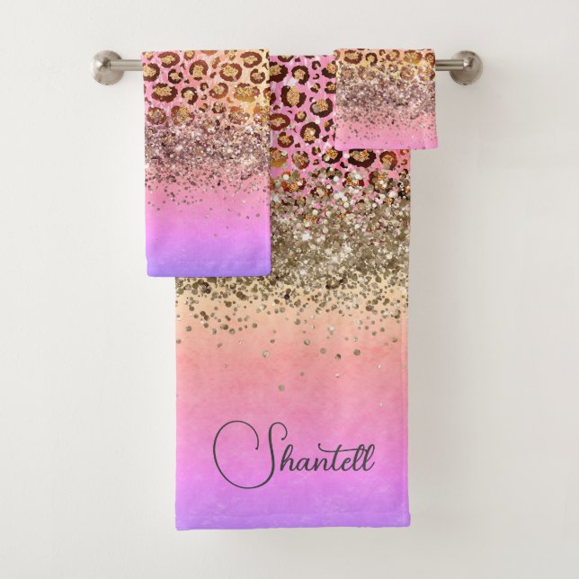 Sparkly Glittery Rainbow Leopard Personalised Bath Towel Set (Insitu)